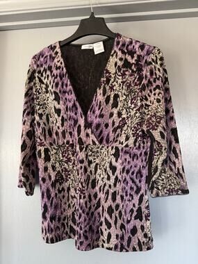 East 5th Women's Purple Black Pullover Stretchy Top Y2K Babydoll 3/4 Sleeve sz L